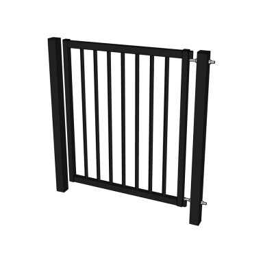 Svart metallgrind med vertikala spjälor och två sidostolpar.