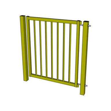 Olivgrön grind med vertikala ribbor och två stolpar på sidorna.