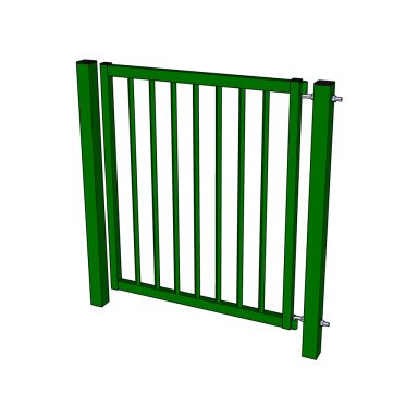 Grön säkerhetsgrind med vertikala stavar och metalldetaljer.